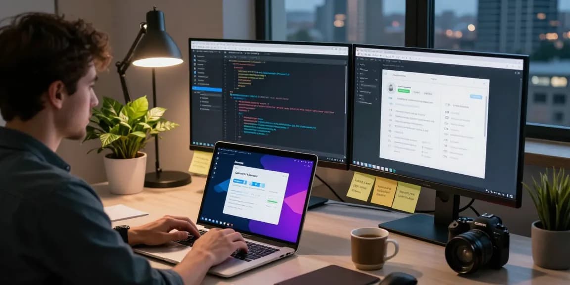 Engaging workspace scene showcasing a developer focused on Telegram Download, featuring vibrant coding screens and a modern setup.