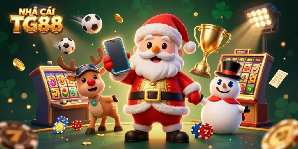 Experience NHÀ CÁI TG88 with Santa celebrating jackpots in a vibrant casino scene filled with excitement