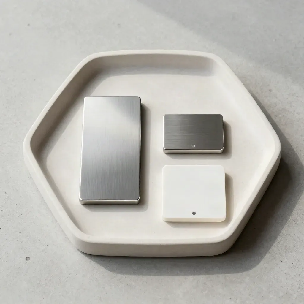 Hög ovanvy över en Ethereum Snabbköp-flatlay med metallmoduler på ljus sten.