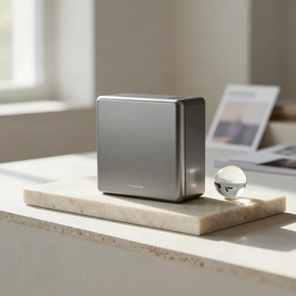 Matt aluminium-spårare med stenbrickor och glasglob i mjukt dagsljus