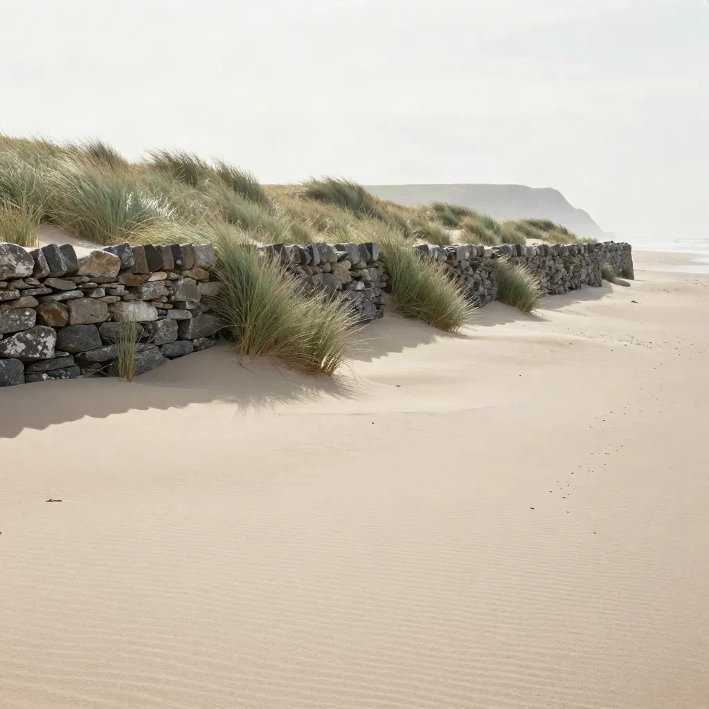 Strandnära sandplatå med stenmur, gräs och dimmig horisont.