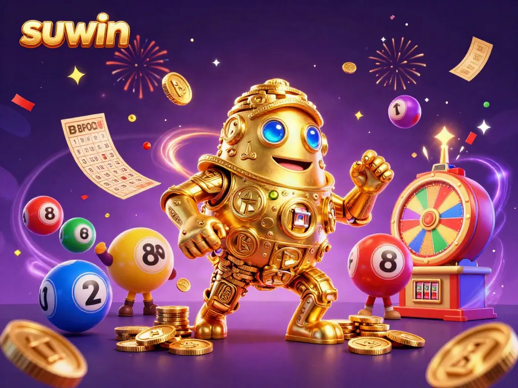 Engage in exciting visuals of suwin with golden golems and lively casino elements!