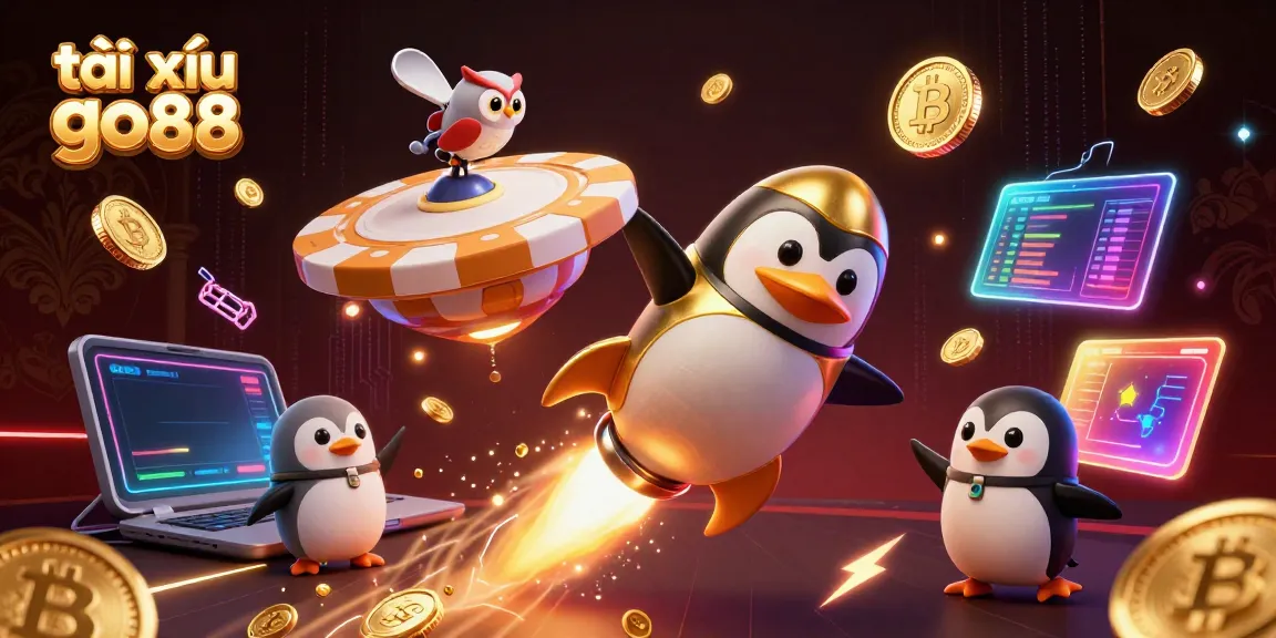 Experience the excitement of tài xỉu go88 with a vibrant 3D illustration of a golden penguin and casino elements.