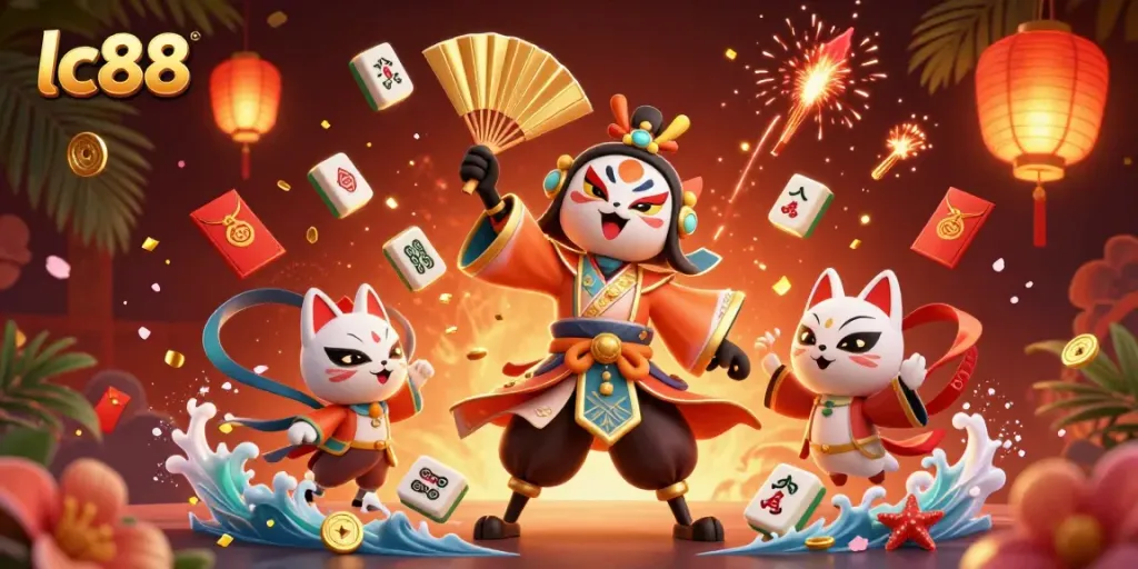 Engage with lc88's vibrant 3D illustration showcasing dynamic gaming elements and a kabuki warrior scene.