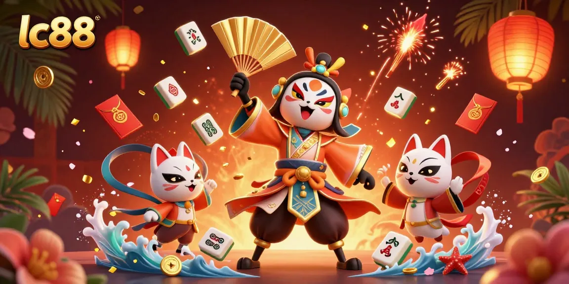 Engage with lc88's vibrant 3D illustration showcasing dynamic gaming elements and a kabuki warrior scene.