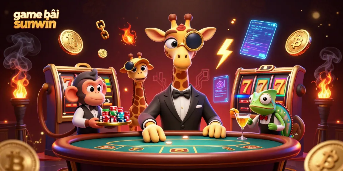 Experience game bài sunwin with a vibrant casino scene featuring a giraffe, monkey, and chameleon.