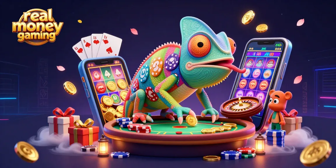 Capture the excitement of real money gaming with the chameleon casino owner and vibrant gaming elements.